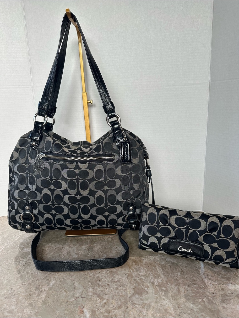 Coach Y2K Aesthetic Signature Alexandra Satchel Purse & Wallet Set Black Gray